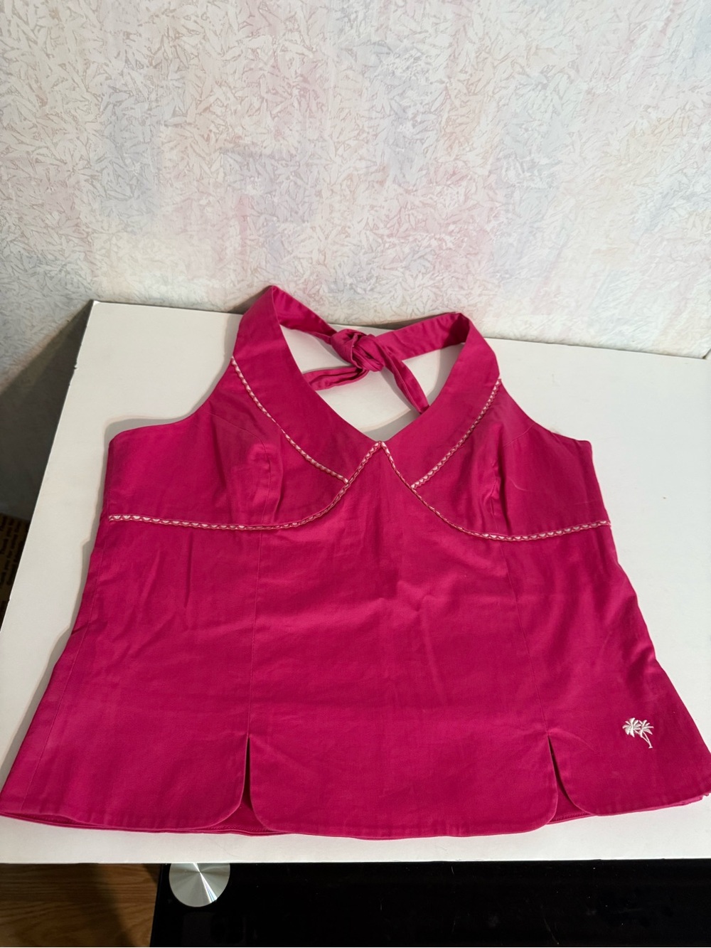 Island Republic fuschia pink halter top with white stitching detailing. Summer - Picture 1 of 8